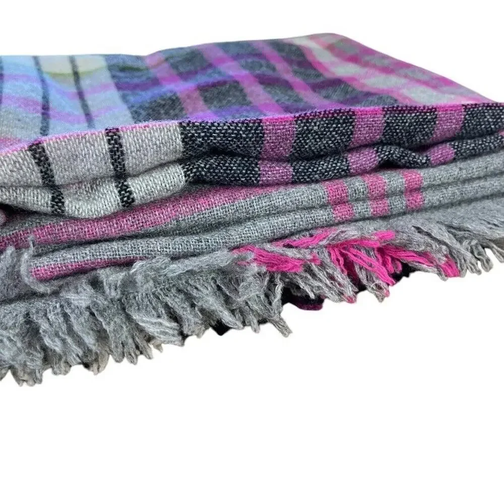 Talbots Womens Gray Pink Green Plaid Wool Fringe Scarf Wrap Warm Winter 54x58